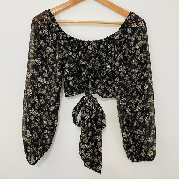 💫 Off the Shoulder Paisley Wrap Bow Back Peasant Sheer Sleeve Crop Top Blouse - Picture 5 of 5